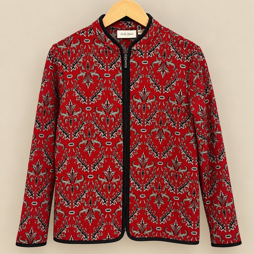 Studio Works Red Damask Tapestry Zip Up Jacket Jacquard Size M VTG made in India